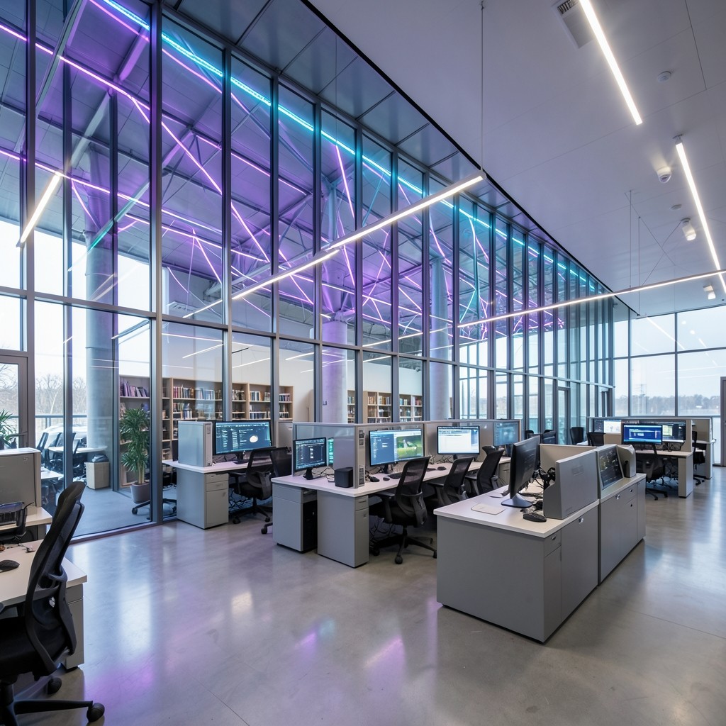 Contemporary digital technology research library with glowing ambient lighting