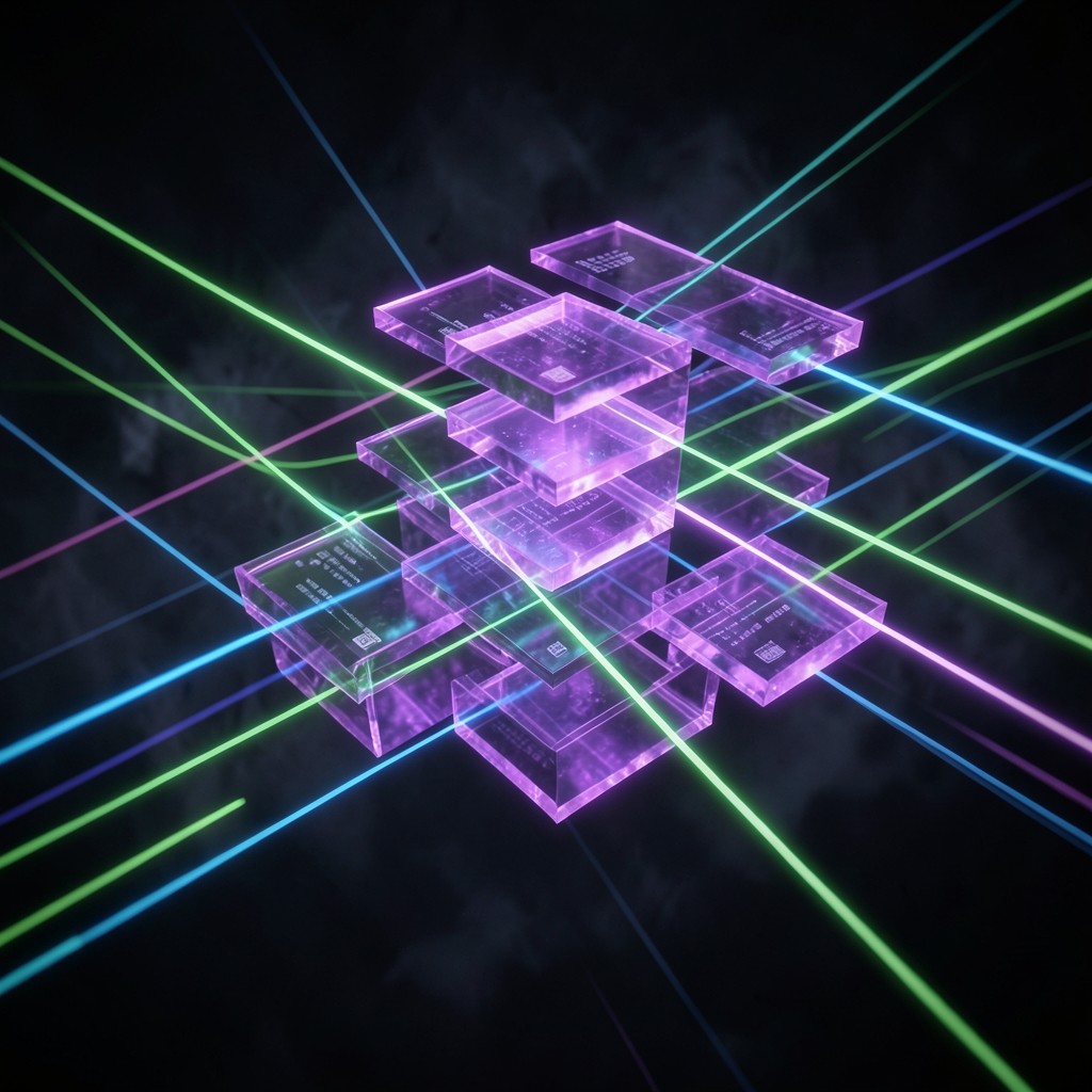 Layered blockchain architecture visualization with fast data throughput vectors