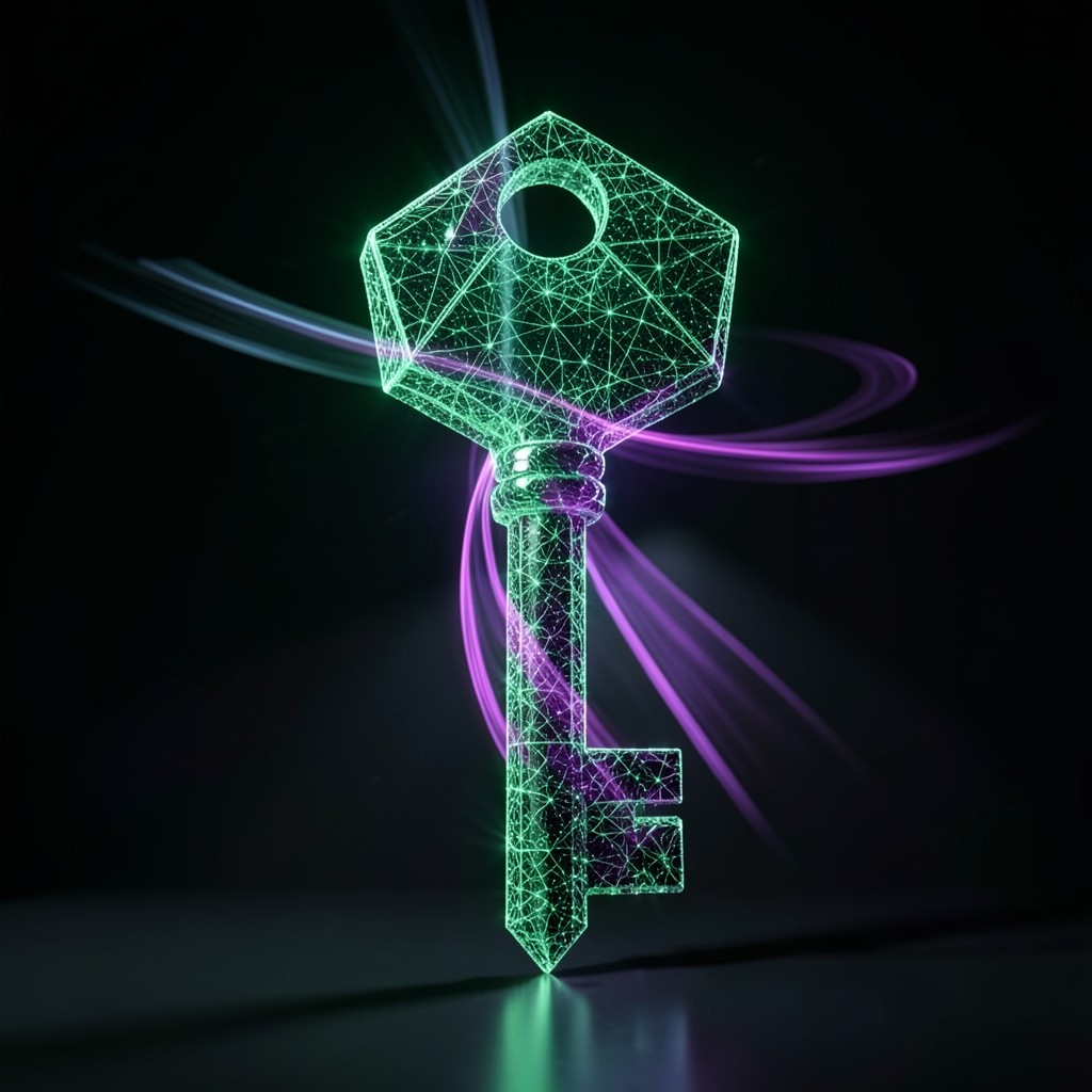 Cryptographic key derivation and secure custody concept with glowing algorithmic geometry