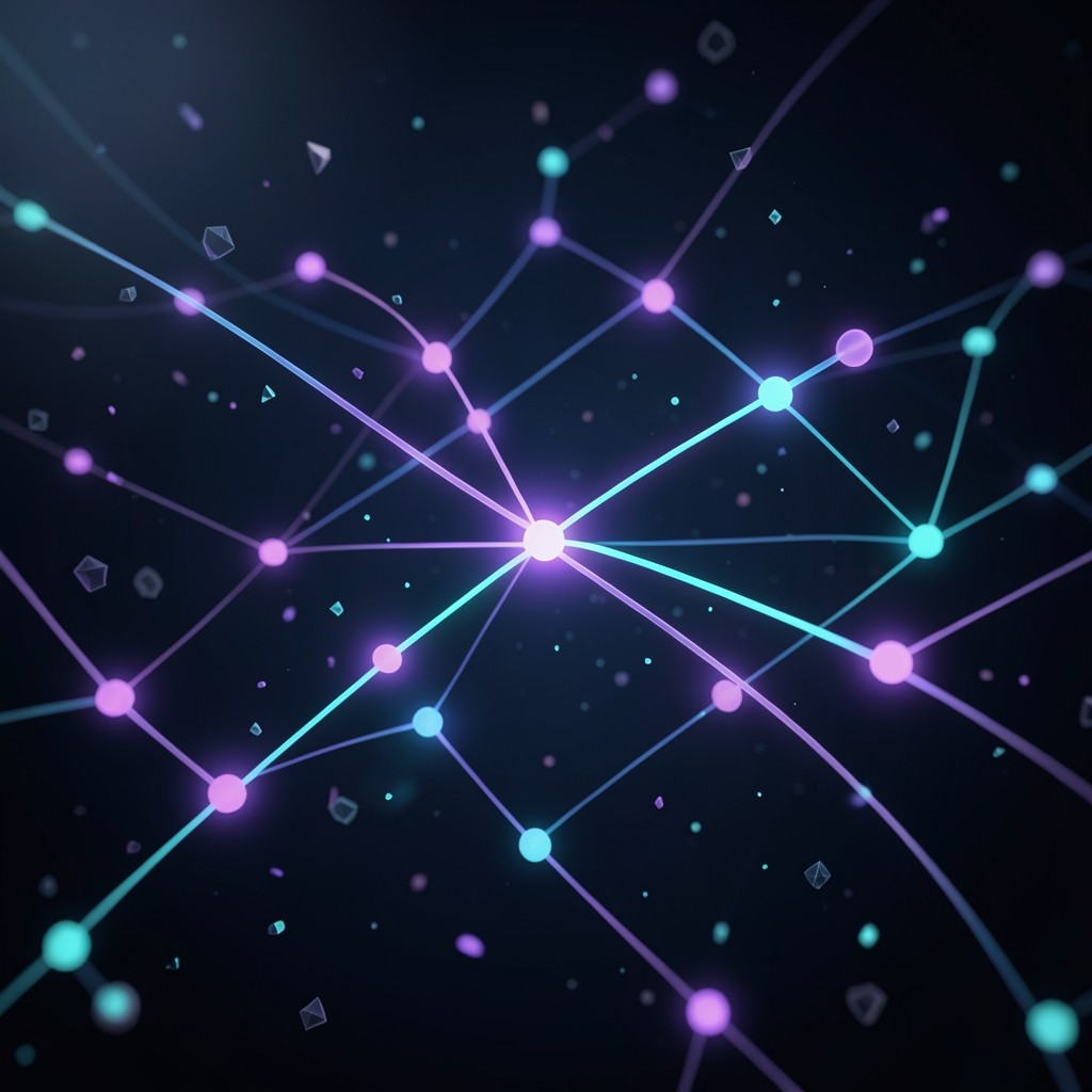 Futuristic abstract digital network visualization with glowing purple and cyan nodes and data streams